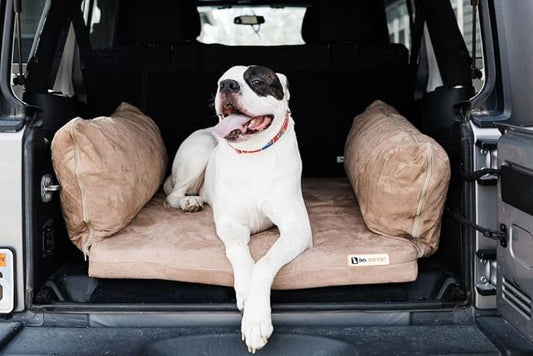 Barker Beds Orthopedic Dog Bed for SUV (Medium, Khaki) - Memory Foam Travel Mattress for Medium Dogs - Machine Washable Cover & Headrest - Joint Support - Made in USA