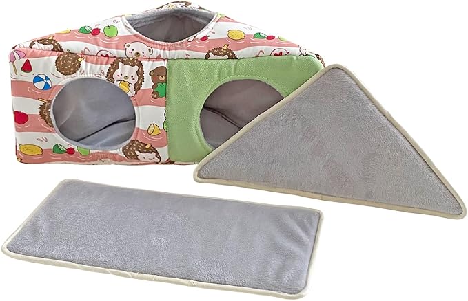 Hedgehog Fleece Corner Hideout Cave Collapsible Pet Play Toy Tunnel Tube Warm House Hidey Hut for Sugar Glider Ferret Hamster Small Animal Beds (Pink/Green)