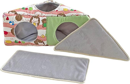Hedgehog Fleece Corner Hideout Cave Collapsible Pet Play Toy Tunnel Tube Warm House Hidey Hut for Sugar Glider Ferret Hamster Small Animal Beds (Pink/Green)