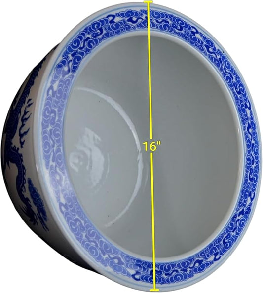 16" Porcelain Blue and White Fishbowl. Fish Bowl Two Dragons Playing with Super Pearl Chinese