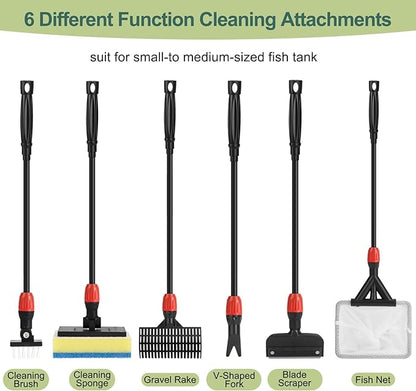 hygger Multi-Use Fish Tank Cleaner, 6 in 1 Aquarium Cleaning Tools Kit with 17.7 Inches Long Handle Algae Scraper Sponge Scrubber Firm Scrub Brush Fish Net Gravel Rake for Acrylic & Glass Tank