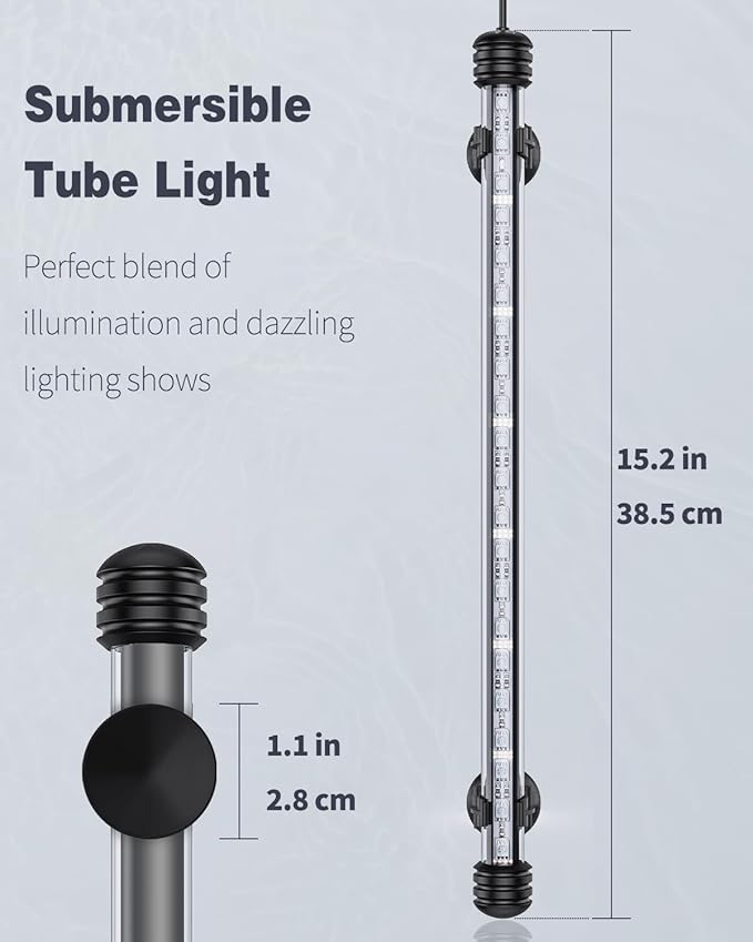 Pawfly 4.2 W Aquarium LED Light 15.2 Inch Underwater Fish Tank Light with Timer Auto On/Off Fish Tank Background Lights with 8 Lighting Modes Submersible Multi-Colored Tube Lights for Decoration