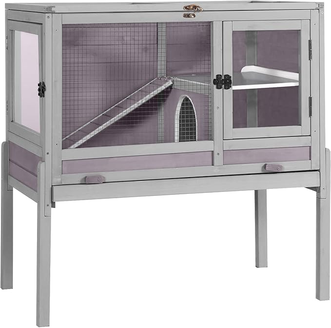 GUTINNEEN Guinea Pig Cages with Anti Chewing Sturdy Plastic Floor and Cool Zinc Plate, Indoor Rabbit Hutch with Hideout and PVC Platform, Elevated Legs Hamster Cage 36.6" L (Grey)
