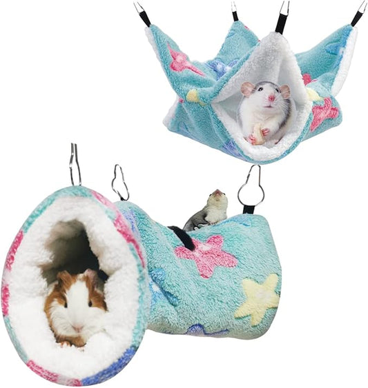 LEFTSTARER Guinea Pig Ferret Rat Hammock Toy Small Animal Cage Accessories Hideout Tunnel & Bunkbed Hammock for Rat Ferret Guinea Pig Hamster Sugar Glider Chinchilla (Star-Green)