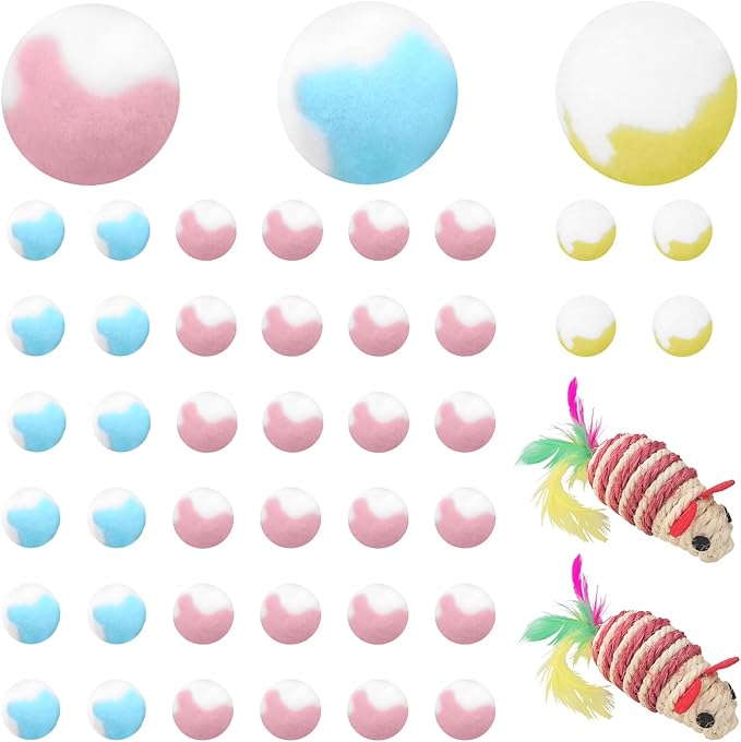 Two Color Plush Balls 40 Pcs 1.8 Inches and it Comes with Two Mouse Toys, Cat Kicker Exercise Toys, Silent Plush Elastic Ball for Kitty