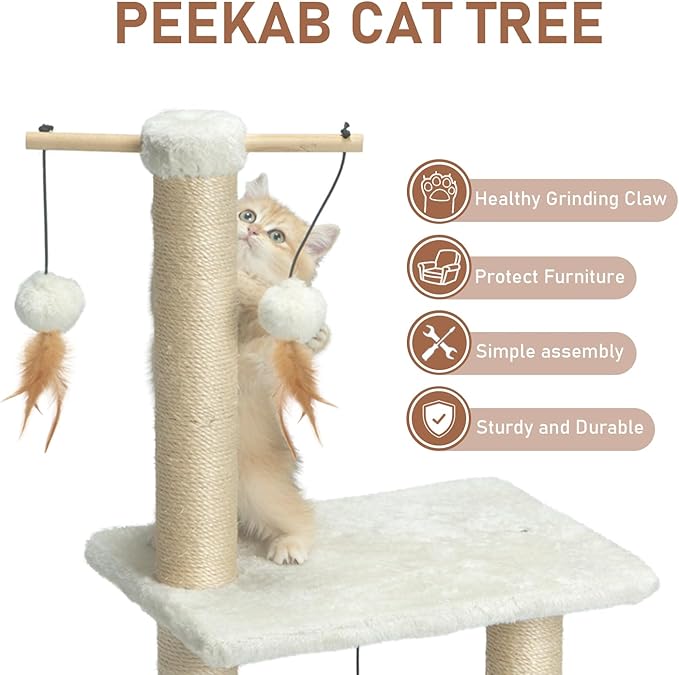 PEEKAB Cat Scratching Post 31in Tall Sisal Scratch Posts with Perch Tracking Interatcive Toys Vertical Scratcher for Indoor Cats and Kittens,Three Hanging Ball Self Massage Brush Beige