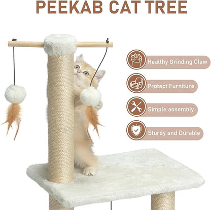PEEKAB Cat Scratching Post 31in Tall Sisal Scratch Posts with Perch Tracking Interatcive Toys Vertical Scratcher for Indoor Cats and Kittens,Three Hanging Ball Self Massage Brush Beige