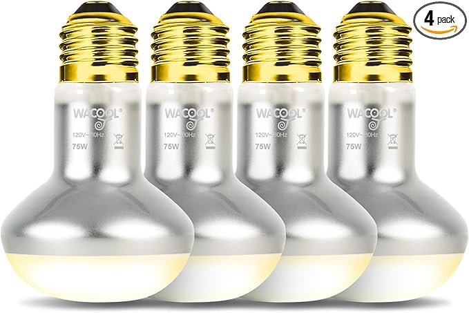 WACOOL 4 Pack Heat Lamp Bulbs for Reptiles, 75W Intense Basking Spot Lights, Simulate Daytime Sunshine Heat Bulbs, UVA Daylight