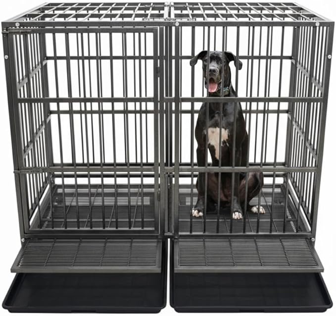 54/48/42/38 inch Heavy Duty Indestructible and Escape-Proof Dog Crate Cage Kennel for Large Dogs, High Anxiety Dog Crate with Removable Wire Trays and Wheels, Extra Large XL XXL