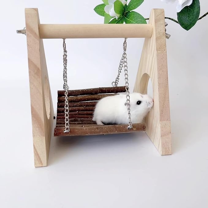Hamster Swing Hammock, Wooden Hanging Toy for Gerbil Rat Mouse Dwarf, Small Animal Hideout for Syrian Hamster Chew Toys, Rat Cage Accessories