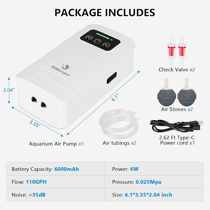 fishkeeper Battery Powered Aquarium Air Pump, USB Rechargeable Aerator Fish Tank Air Pump for 10-210 Gallons Portable Oxygen Pump for Outdoor Fishing, Power Outages and Emergency (6W 110GPH)