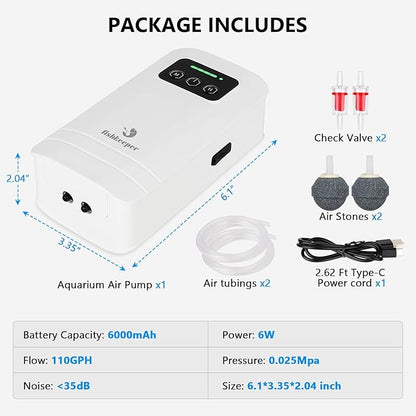 fishkeeper Battery Powered Aquarium Air Pump, USB Rechargeable Aerator Fish Tank Air Pump for 10-210 Gallons Portable Oxygen Pump for Outdoor Fishing, Power Outages and Emergency (6W 110GPH)