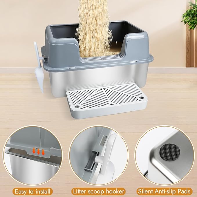 Vivifying Stainless Steel Cat Litter Box, Large Semi-Enclosed Litter Box with Lid, Anti-Leakage Metal Pan for Easy Cleaning & Odor Control (Gray)