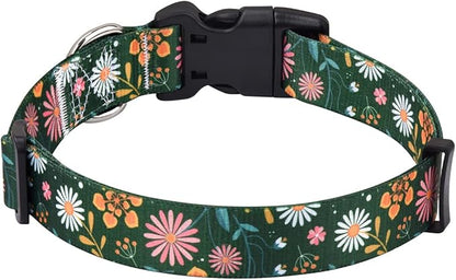 Dog Collar with Bohemia Floral Tribal Geometric Patterns - Soft Ethnic Style Collar Adjustable for Small Medium Large Dogs(Dark Green Flower,L)