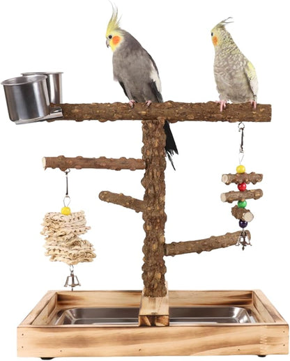 Natural Wood Parrot Stand - Ideal Toy & Accessory for Parakeets, Canaries, Cockatiels, Conure, Lovebirds - Large Bird Perch Stand with Removable Tray and Feeder Cups - Perfect Pet Birds Playstand