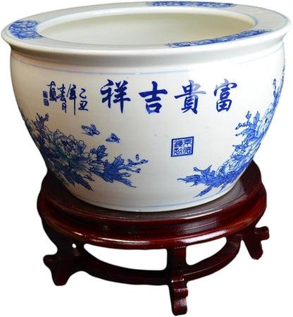 16" Porcelain Blue and White Fishbowl. Fish Bowl Flower Chinese (Blue Flower)