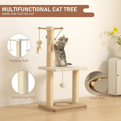 PEEKAB Cat Scratching Post 31in Tall Sisal Scratch Posts with Perch Tracking Interatcive Toys Vertical Scratcher for Indoor Cats and Kittens,Three Hanging Ball Self Massage Brush Beige
