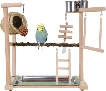 Parrot Playground Playstands, Bird Playgrounds with Feeder Cups Breeding Grass Nest Bird Cage Stand Bird Perch Stands, Parakeet Playground Wood Bird Play Stand for Cockatiel Parakeet