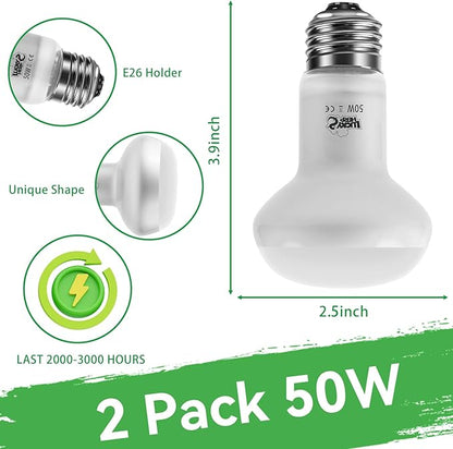 LUCKY HERP Intense Heat Lamp Bulbs for Reptiles 50W 2 Pack, UVA Daylight Reptile Heat Lamp, Reptile Basking Heat Light Bulb for Amphibian, Tortoise, Bearded Dragon, Lizard, Turtle, Snake Heating Use