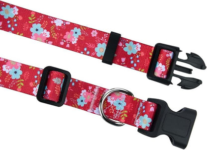 Dog Collar and Leash Set with Bohemia Floral Tribal Geometric Patterns - Soft Ethnic Style Collar Adjustable for Small Medium Large Dogs(Red Floral Set,L)