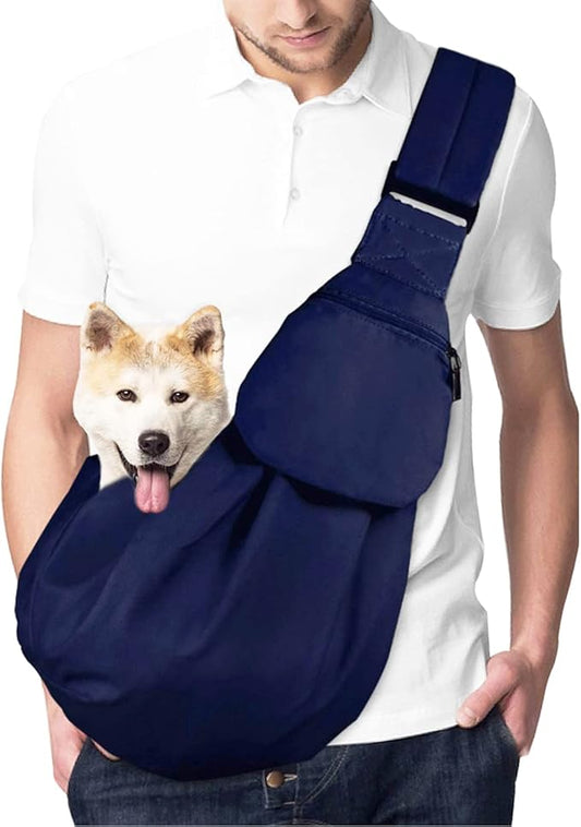 Lukovee Pet Sling, Hand Free Dog Sling Carrier Adjustable Padded Strap Tote Bag Breathable Cotton Shoulder Bag Front Pocket Safety Belt Carrying Small Dog Cat Puppy Machine Washable (DBL, M)