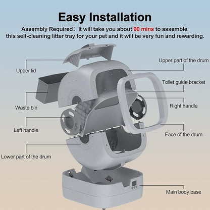 Automatic Cat Litter Box Self Cleaning - APP Control and Weight Monitoring - Ultra-Quiet, Suitable for Medium Cats and Kittens, Safe Anti-Pinch Litter Box (Assembly Required) - Light Grey
