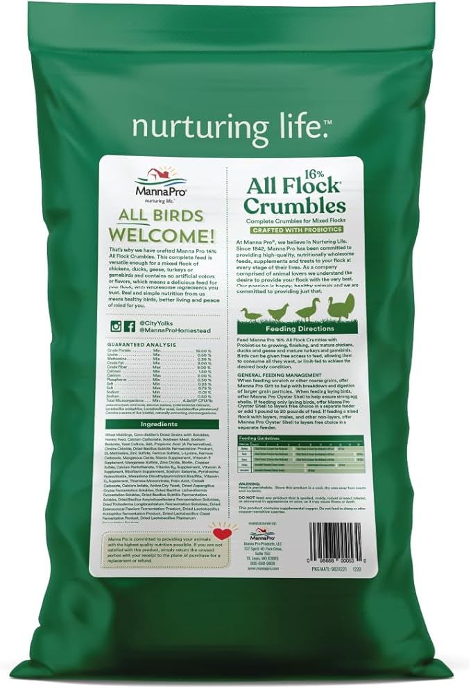 Manna Pro All Flock Crumbles – 16% Protein Complete Poultry Feed with Probiotics for Digestion, Crumbled Chicken & Game Bird Feed for All Flock Types, No Artificial Colors or Flavors, 25 lb