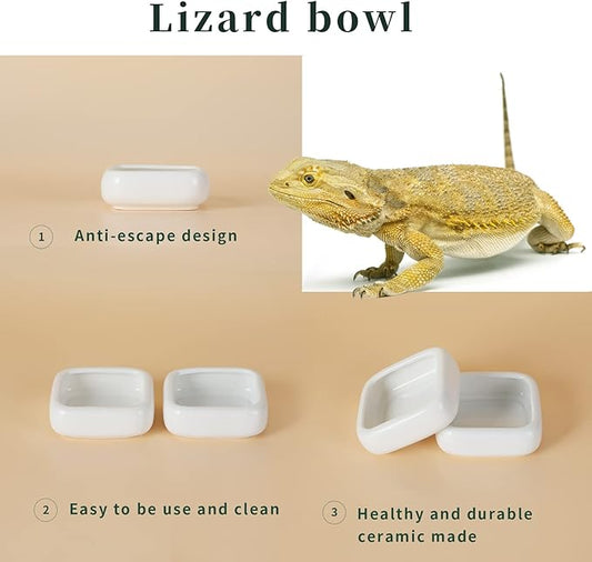 Reptile Food Bowls Ceramic Square Reptile Water Food Dish, Pet Food Bowl for Lizards, Young Bearded Dragons, Small Snakes, Gecko Tortoise Spider (White, Small 2-Pack)