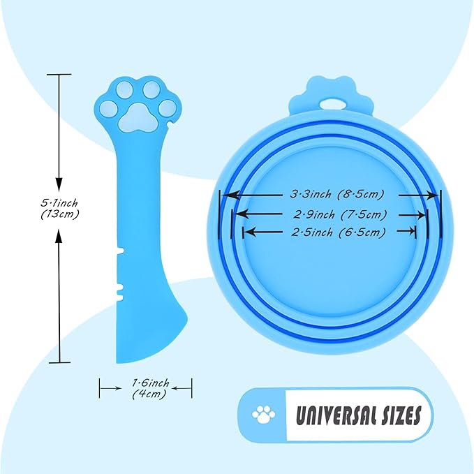 Pet Can Opener & 3 Pcs Cat Food Can Lids | Universal BPA Free Silicone Covers & Multi-Function Wet Food Spoon for Cat and Dog Food(Blue)