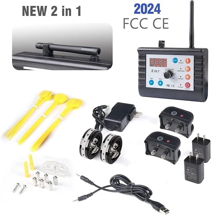 Dog Wireless Fence Pet Training Collar Two Way Signal 2-in-1 System, Adjustable Control Range Warning Strength, Display Battery Level, Waterproof Reflective Dog Collar