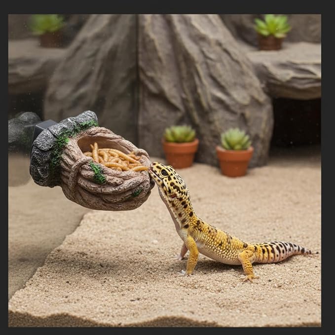 Magnetic Reptile Feeding Ledge, Gecko Feeder Ledge with One Piece Cup, Hollow Vine Food Dish, Reptile Water Bowl for Bearded Dragon Lizard Snake