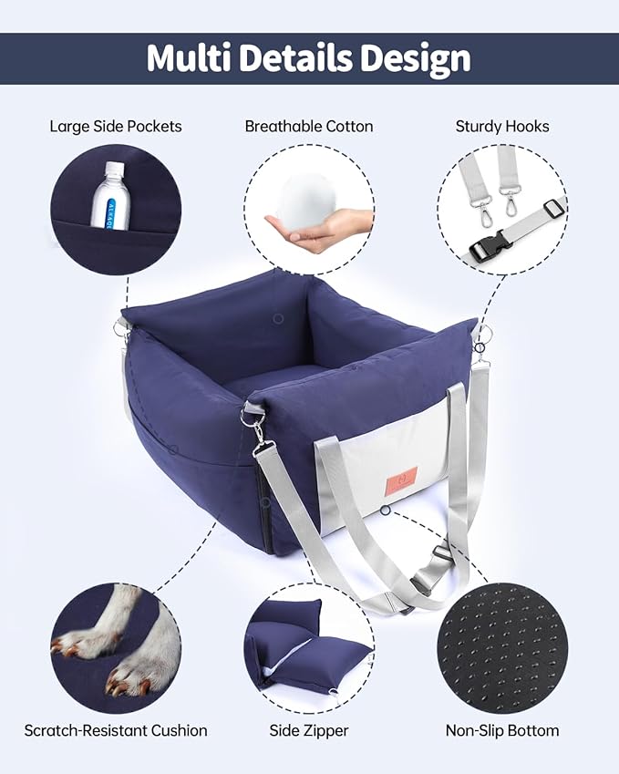 Medium Dog Car Seat for Medium Sized Dogs, Car Seat for Small Dogs with Side Zipper, Waterproof Dog Travel Bed in car with Storage Pockets Up to 25lbs, Memory Foam Filling for Max Support, Dark Blue