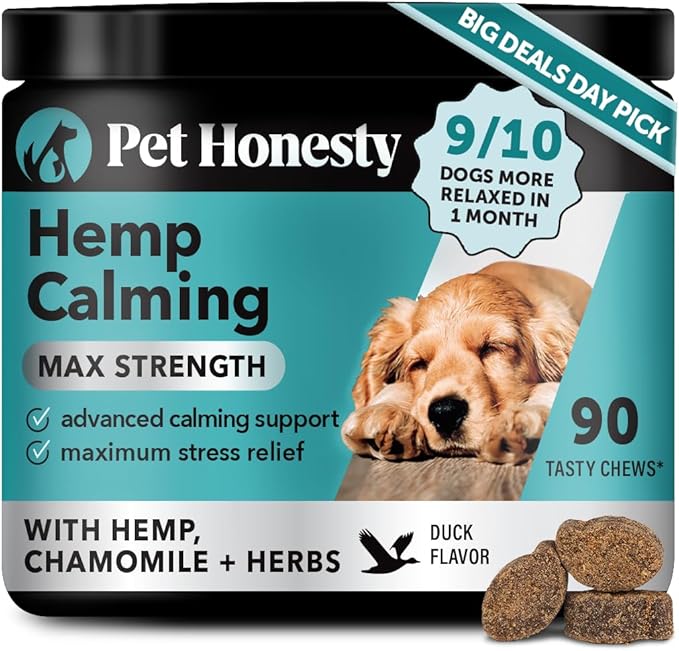 Natural Hemp Calming Chews for Dogs Maximum Strength - Hemp & Melatonin Dog Anxiety Relief - Calming Aid Supplement with Valerian Root - Stress, Separation & Thunder Support - (Duck 90 Ct)