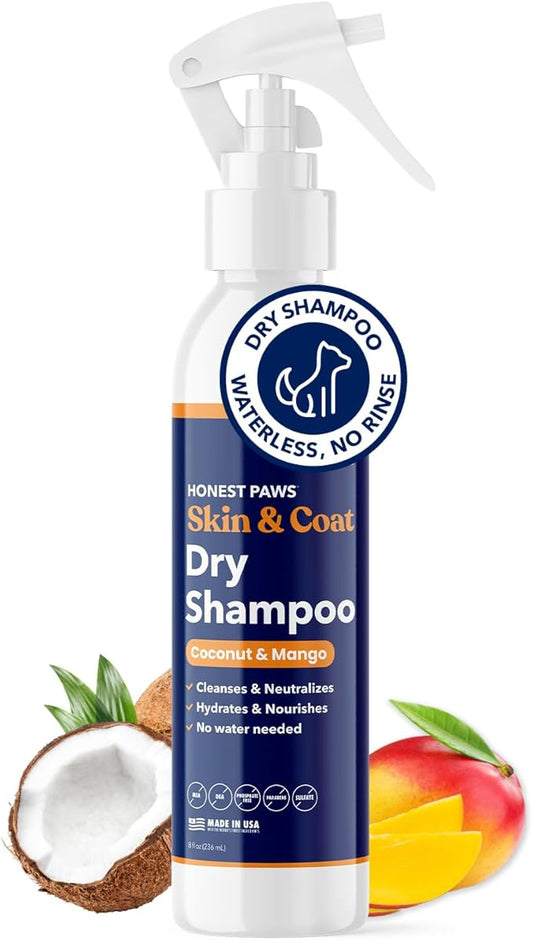 Honest Paws Dog Dry Shampoo - Waterless No Rinse Spray Formula Reducing Itch Cleanse Hydrate Nourish Dry Skin and Smelly Coat Help Decrease Odor Shedding and Allergies - Coconut & Mango - 8 oz
