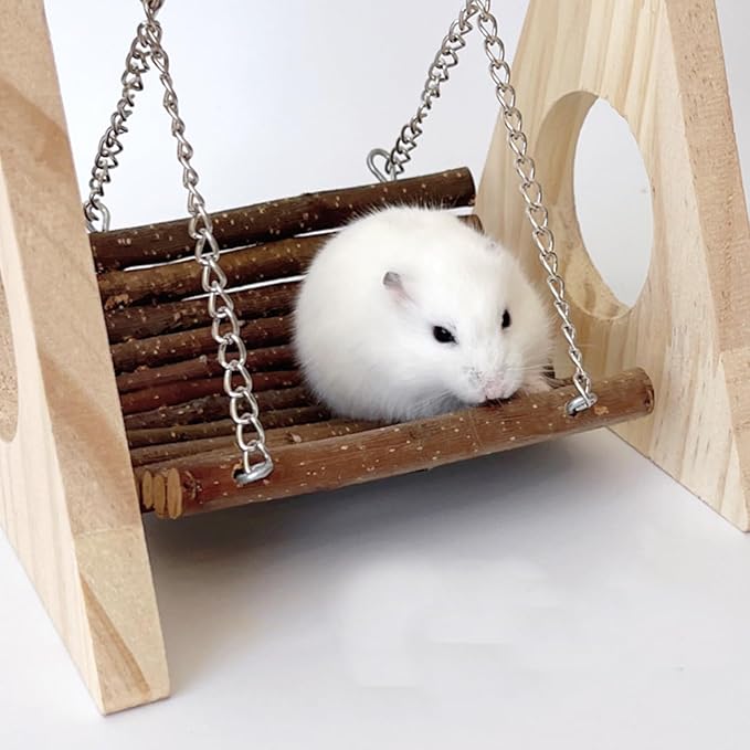 Hamster Swing Hammock, Wooden Hanging Toy for Gerbil Rat Mouse Dwarf, Small Animal Hideout for Syrian Hamster Chew Toys, Rat Cage Accessories