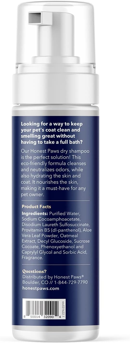 Honest Paws Dog Dry Shampoo - Waterless No Rinse Foaming Formula Reducing Itch Cleanse Hydrate Nourish Dry Skin and Smelly Coat Help Decrease Odor Shedding and Allergies - Oatmeal & Lavender - 6.3 oz