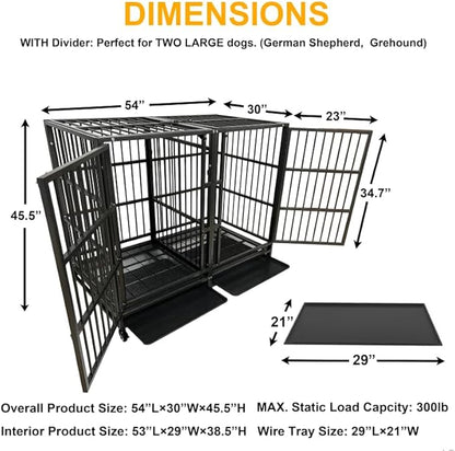 54 Heavy Duty Indestructible and Escape-Proof Dog Crate Cage Kennel with Divider for 2 Large Dogs, High Anxiety Dog Crate with Removable Wires Trays and Wheels, Extra Large XL XXL