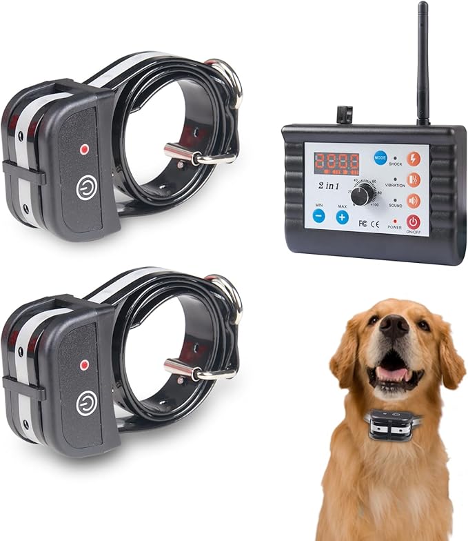 Dog Wireless Fence Pet Training Collar Two Way Signal 2-in-1 System, Adjustable Control Range Warning Strength, Display Battery Level, Waterproof Reflective Dog Collar