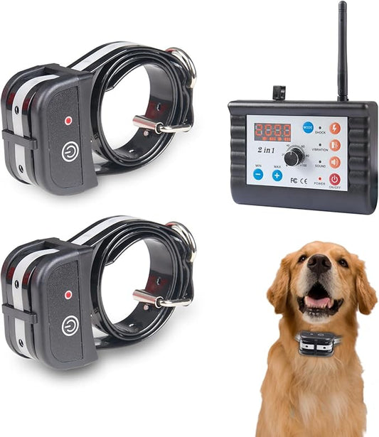Dog Wireless Fence Pet Training Collar Two Way Signal 2-in-1 System, Adjustable Control Range Warning Strength, Display Battery Level, Waterproof Reflective Dog Collar