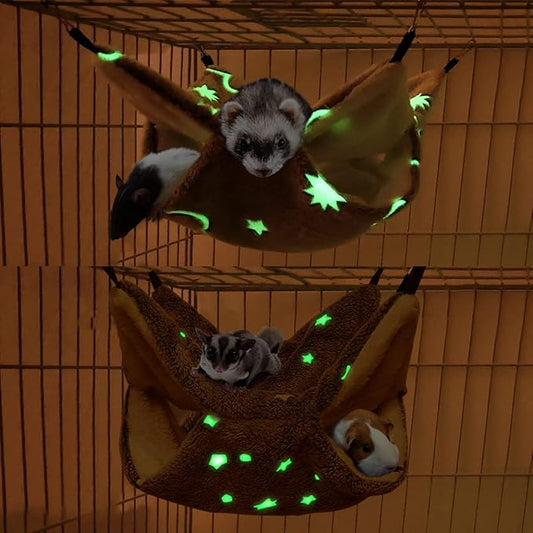 LEFTSTARER Noctilucent Luminous Guinea Pig Rat Hammock Bunkbed Hanging Tunnel and Soft Bed Mat for Ferret Hedgehog Squirrel Hideout Cage Accessories (6.Bunkbed Hammock Cloud&Star)