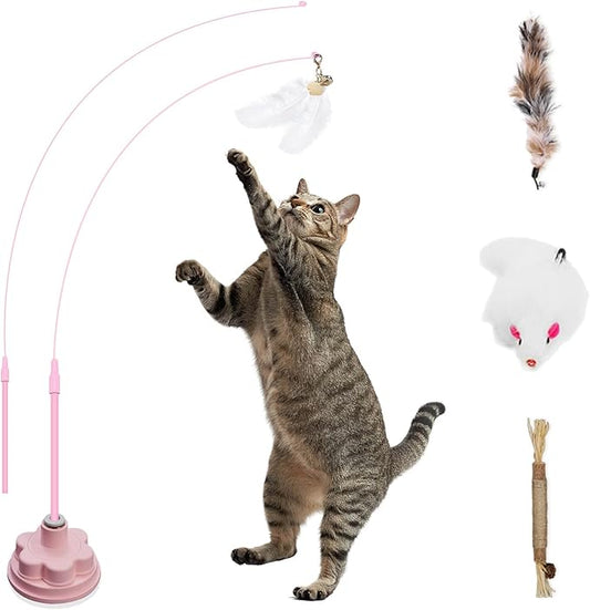 Suction Cup Cat Toys for Indoor Cats,3 in 1 Suction Cup Cat Toy,Interactive Simulation Cat Toy Set Self Play or Handheld,Feathers & Bells,Realistic Toy Mouse and Silvervine Sticks (Pink)