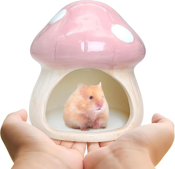 BNOSDM Ceramic Hamster Hideout Cute Mushroom Shape Hamster House and Habitat Cool Hamsters Hide Suitable for Syrian, Mice, Dwarf Hamsters, Gerbils (Pink)