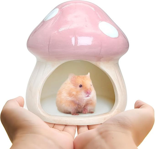 BNOSDM Ceramic Hamster Hideout Cute Mushroom Shape Hamster House and Habitat Cool Hamsters Hide Suitable for Syrian, Mice, Dwarf Hamsters, Gerbils (Pink)