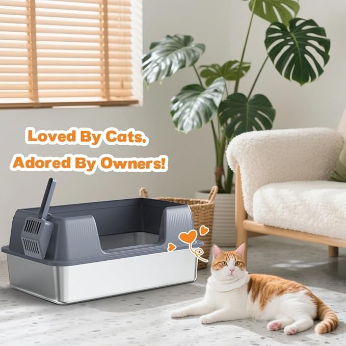 Vivifying Stainless Steel Cat Litter Box, XL Extra Large Semi-Enclosed Metal Pan with Side Entry, Scoop Included, Open Top Potty for Indoor Big Cats & Kitty, Easy to Clean & Odor Resistant (Gray)