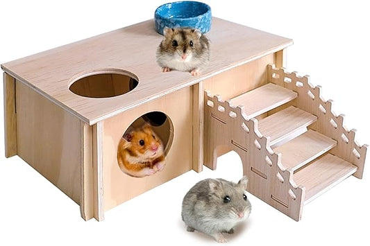 Wooden Hamster Hideout,Hamster House with Ceramic Bowl & Ladder,Small Pets Multi-Chamber Explore Hide Hut Habitats Decor Accessories for Rat,Gerbils, Dwarf Hamsters, Mice