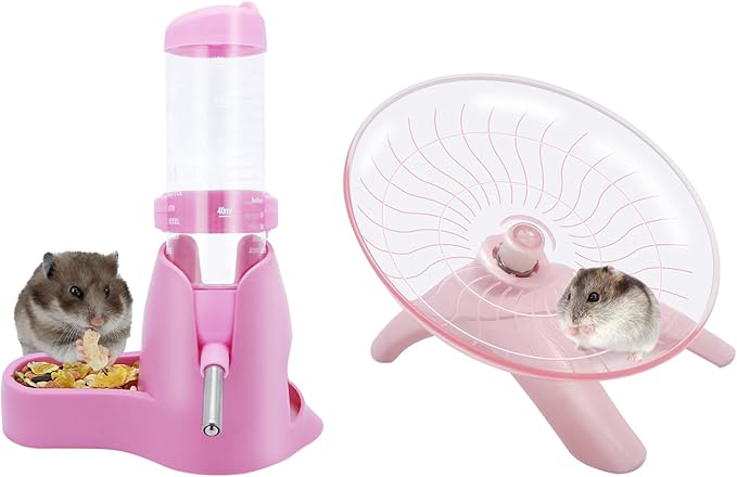 Wontee Hamster Water Bottle Water Dispenser Hamster Silent Exercise Running Wheel for Dwarf Hamsters Gerbil Mice (Pink, 125ML)