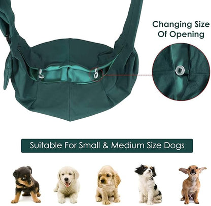 Lukovee Pet Sling, Hand Free Dog Sling Carrier Adjustable Padded Strap Tote Bag Breathable Cotton Shoulder Bag Front Pocket Safety Belt Carrying Small Dog Cat Puppy Machine Washable (Green, M)