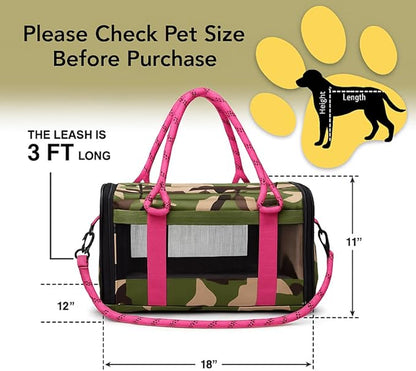 | TSA Airline Approved |Soft Sided Pet Carrier | Cat Carrier | Dog Carrier| Pets Up to 15 lbs | Leash & Luggage Strap | Camo Pink Handle
