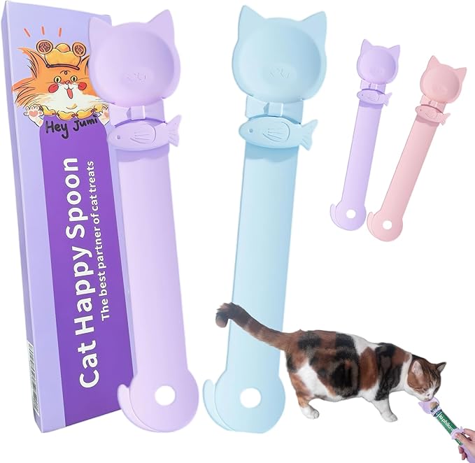 2 Pack Cat Treat Squeeze Spoon, Lickable Dispenser for Wet Food & Puree, Multi-Function Feeding Tool with Ergonomic Design, Easy to Clean (Pink&Purple/Blue&Purple)