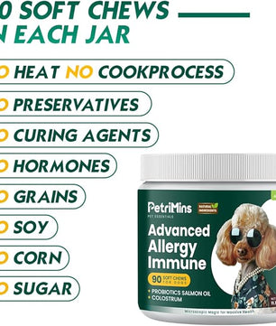Advanced Allergy Immune Itch Relief for Dogs, Itching Skin Relief & Seasonal Allergies Support with Dog Probiotics, Astragalus Root & Mushroom, Colostrum, Turmeric, Salmon Oil - 90ct, Bacon